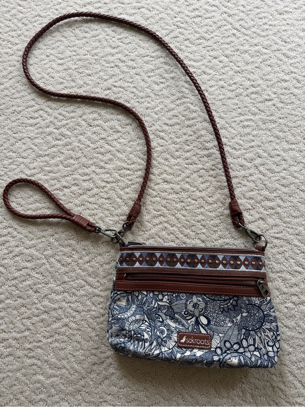 Sakroots Dessert Spirit Navy Floral Crossbody with Brown Braided Strap